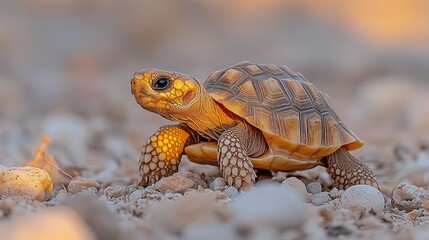 Obraz premium Adorable baby tortoise walking on gravel, sunset light.