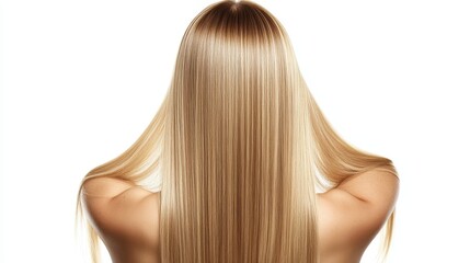Naklejka premium Beautiful model girl with Blond hair strand,silky healthy wavy hair strand,hair wavy ribbon, with smooth,Keratin straightening,Treatment,straight long hair,procedures,Smooth hairstyle.