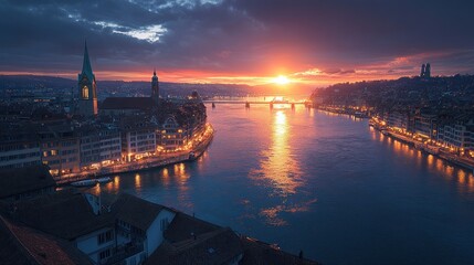 Sunset over Zurich, Switzerland, cityscape and river.