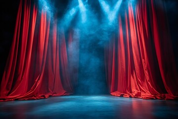Red curtains opening on empty stage with blue lights and smoke