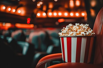A striped red and white popcorn bucket sits on the seat of an empty cinema, with a blurred background