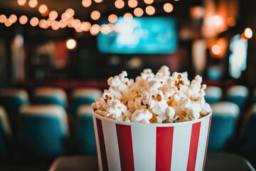 A striped red and white popcorn bucket sits on the seat of an empty cinema, with a blurred background