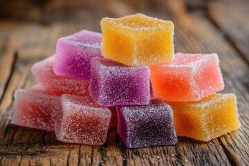 Colorful fruit jelly candies forming a pyramid on rustic wood