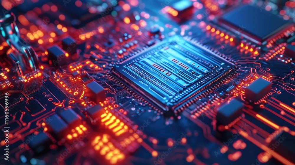Poster Close-up shot of a microchip transistor being tested under a microscope, showcasing the precision required in manufacturing automation.