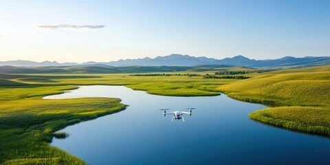 Fototapeta premium A drone capturing stunning aerial views of beautifully restored landscapes and architecture.