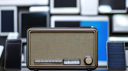 Close-up of vintage radio emitting static noise, contrasting with modern digital devices, symbolizing the shift from traditional to digital media.