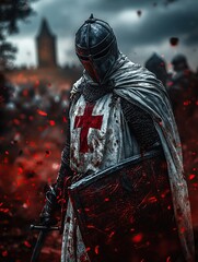 Medieval Knights Templar warrior standing in a heroic pose
