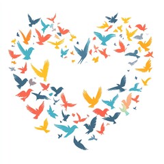 Colorful birds form a heart shape, symbolizing love and freedom in nature.
