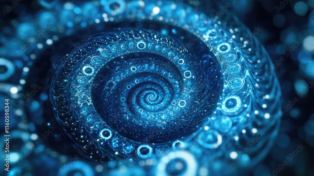 Poster Conceptual visualization of swirling blue DNA helixes in circles, showing the molecular complexity of life and genetic science.