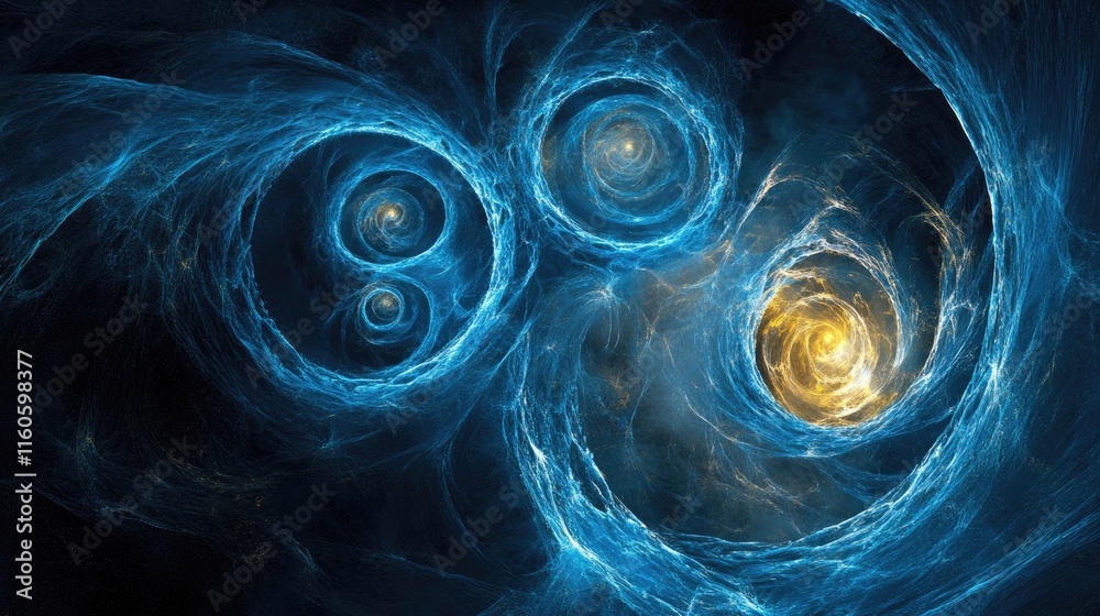 Poster Conceptual visualization of swirling blue DNA helixes in circles, showing the molecular complexity of life and genetic science.