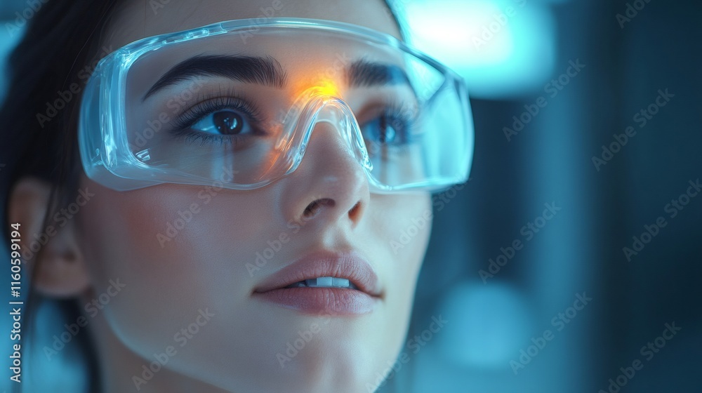 Poster Scientist wearing futuristic goggles working in laboratory analyzing data