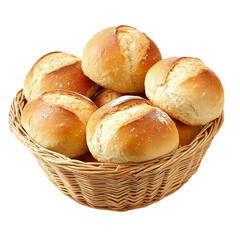Fresh Baked Bread Rolls in Basket, Isolated transparent Background, Food Photography