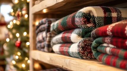 Christmas Blankets on Shelves. Created with Generative AI
