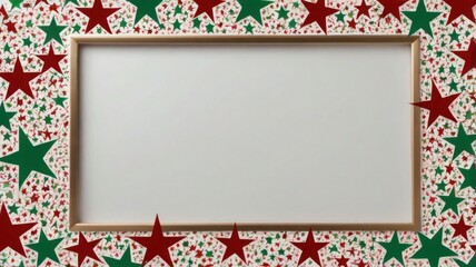 Rectangular Frame with Golden Border and White copy space, Red and green stars around the frame