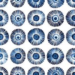 Blue circular patterns on a white background create a fresh, modern design suitable for textiles or wallpapers.
