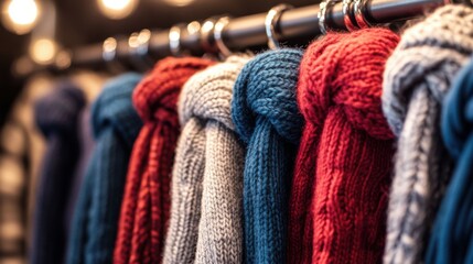 Rack of Winter Scarves, A display of winter scarves in vibrant shades. Created with Generative AI
