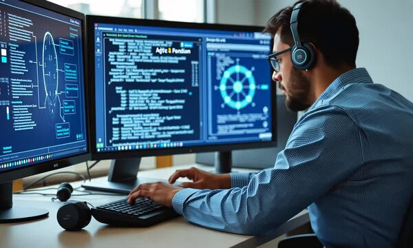 Focused Programmer Coding on Dual Monitors
