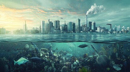 Fototapeta premium Depiction of water pollution sources, including industrial runoff and plastic contamination, showing the negative impact on aquatic ecosystems.