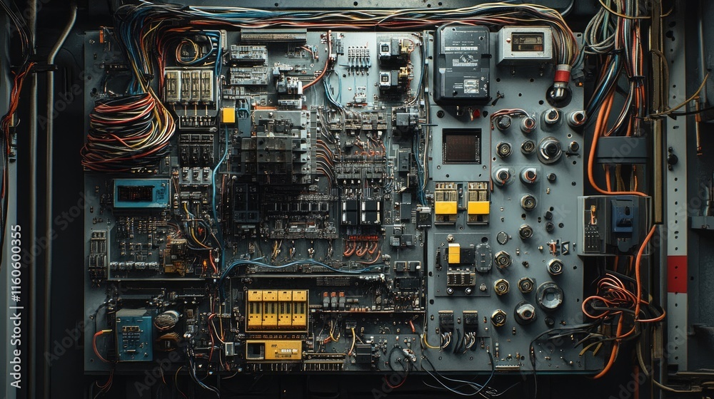 Aufkleber Detailed image of an electrical control board with a network of wires, switches, and machine electronics used for production automation.