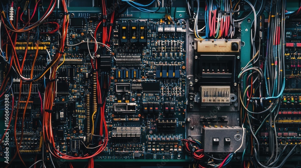 Aufkleber detailed image of an electrical control board with a network of wires, switches, and machine electro