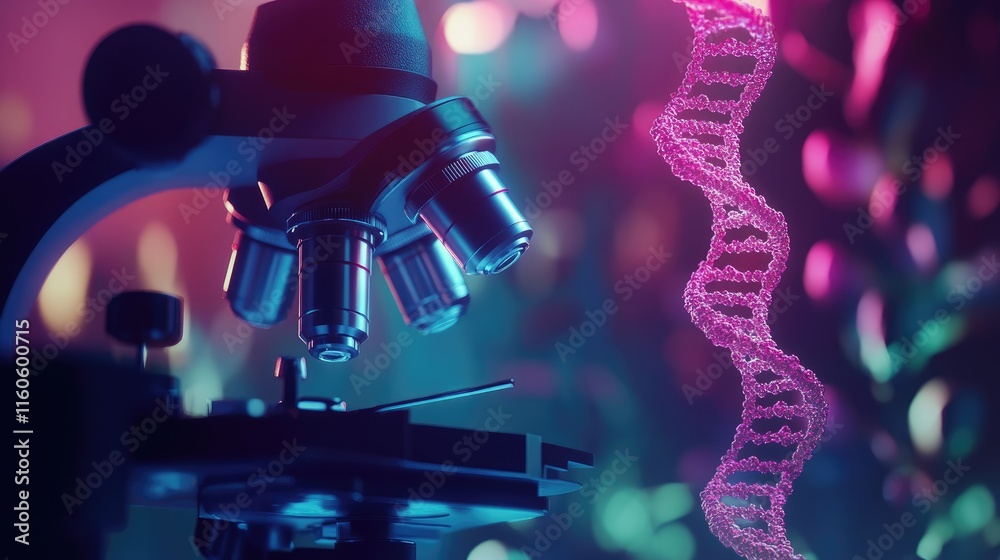 Poster detailed shot of a lab with a microscope focusing on a dna strand, representing cutting-edge genetic