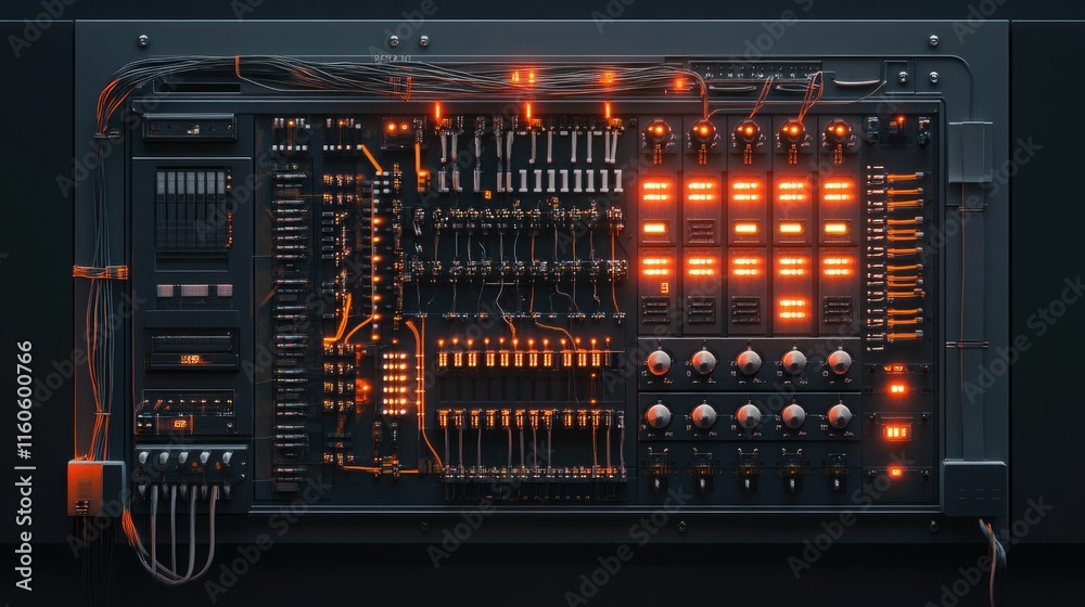 Aufkleber Detailed switchboard with wiring and switches, crucial for automating equipment and controlling enterprise-level systems.