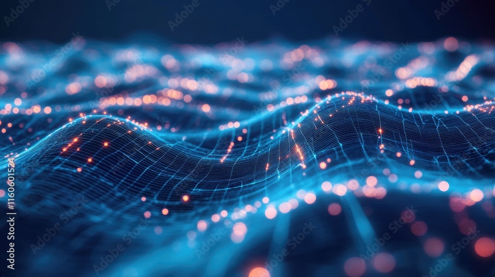 Poster Digital technology workflow on blue background, with sleek lines and nodes representing modern technological processes.