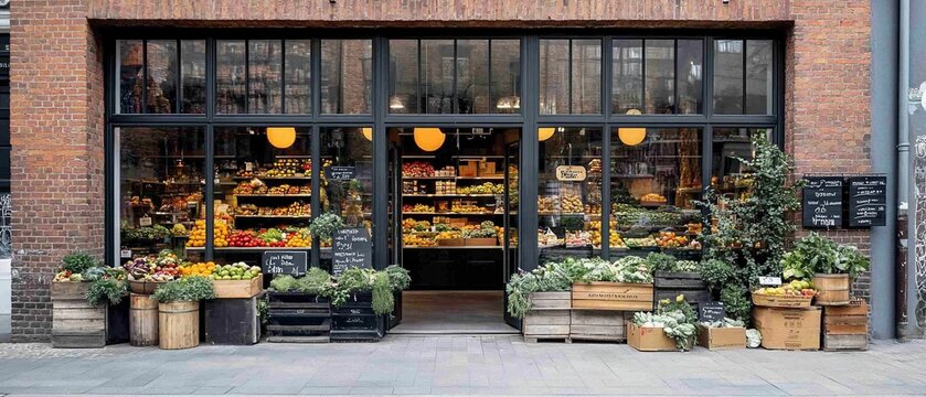 Fresh produce store front with various fruits and vegetables displayed in wooden crates.