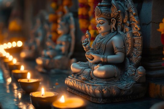 Silver kubera statue illuminated by oil lamps in a hindu temple