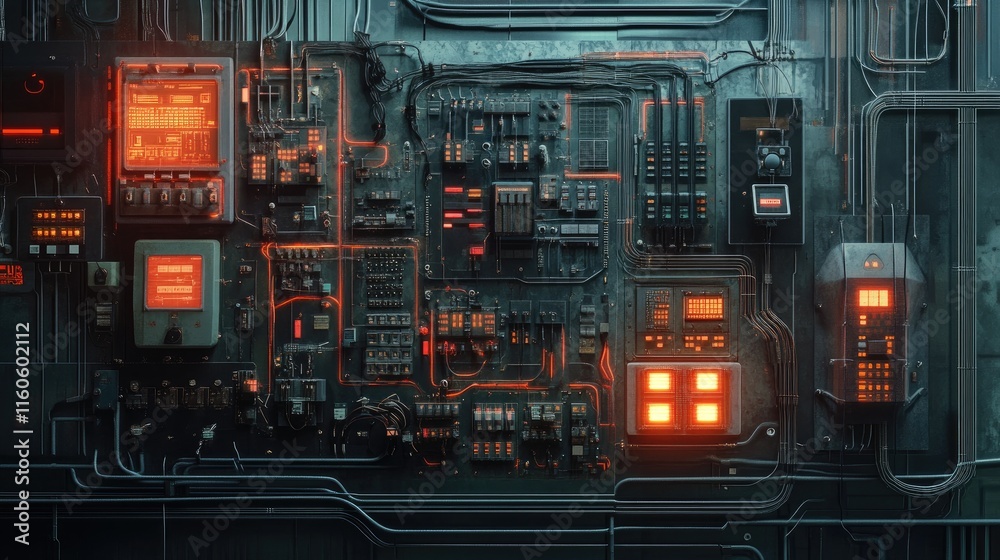 Poster Electrical control board with multiple wires, switches, and machine components, managing electricity flow and automation in industrial settings.