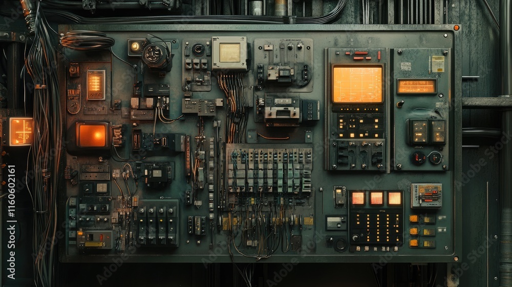Poster electrical control board with multiple wires, switches, and machine components, managing electricity