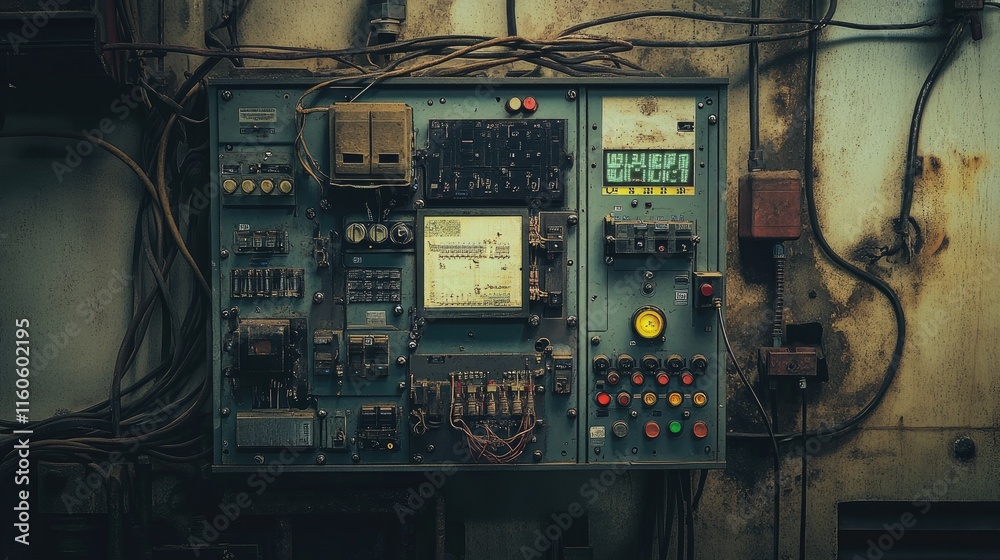 Poster Electrical control board with multiple wires, switches, and machine components, managing electricity flow and automation in industrial settings.