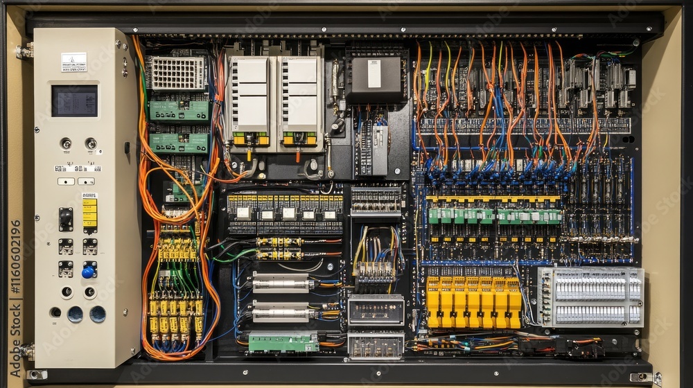 Aufkleber Electrical control board with multiple wires, switches, and machine components, managing electricity flow and automation in industrial settings.