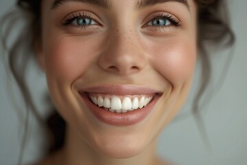 Fototapeta premium Beautiful smiling woman with clean skin natural make up and white teeth on grey background
