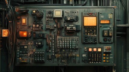 Fototapeta premium Electrical control board with multiple wires, switches, and machine components, managing electricity flow and automation in industrial settings.