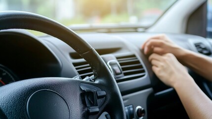 Car with a malfunctioning AC on a hot day. Featuring a stressed driver