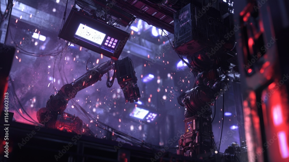 Poster Engineer inspecting automation robot arms in an intelligent industrial setting, controlling welding robotics with advanced software.