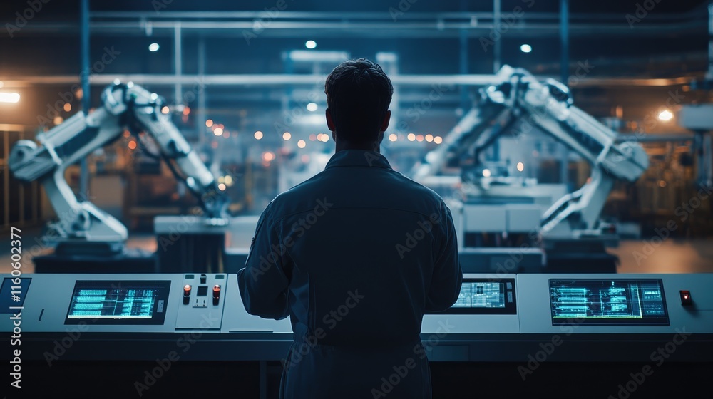 Aufkleber Engineer manager overseeing and controlling automation robot arms in an intelligent factory, using real-time monitoring systems for welding and digital manufacturing operations.