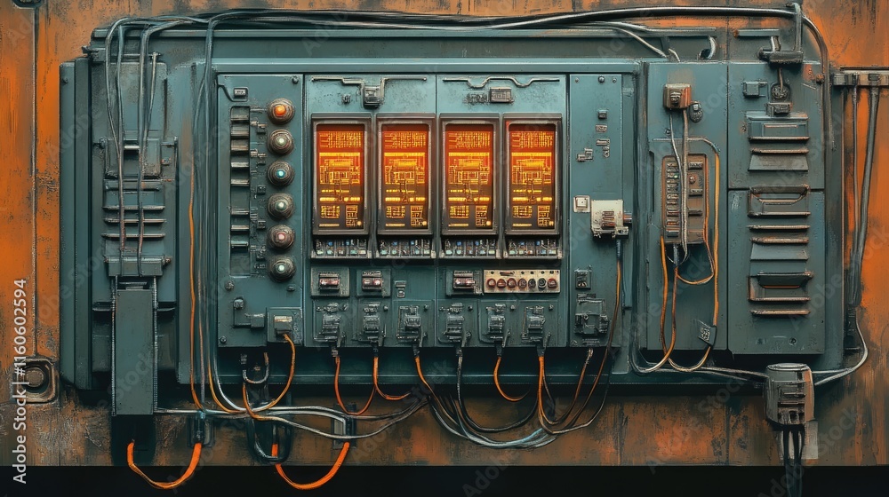 Poster Equipment for enterprise automation, featuring a switchboard panel with wires and switches, streamlining factory operations.
