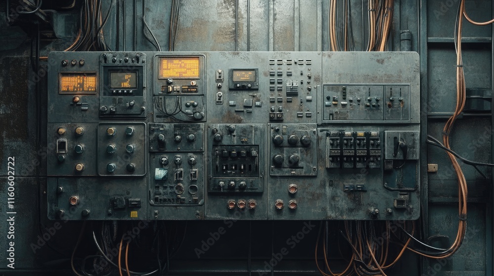 Poster equipment for enterprise automation, featuring a switchboard panel with wires and switches, streamli