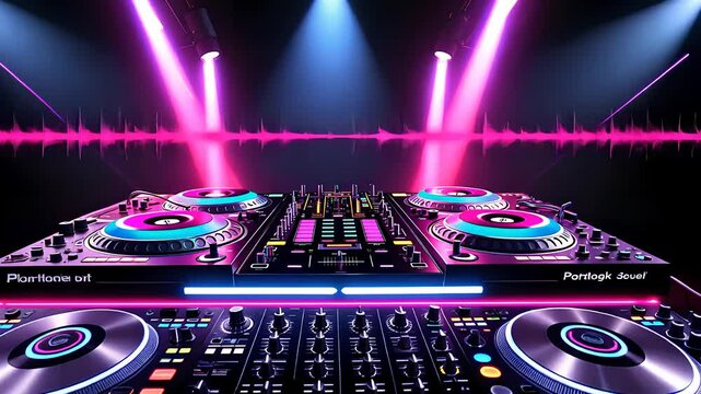 Professional DJ Mixing Console with Neon Lights, Vibrant Colors, and Sound Waves in a High-Energy Club Setting

