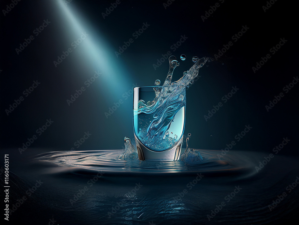 Poster a glass of vibrant blue liquid sits on a dark surface, illuminated by a dramatic spotlight. water sp