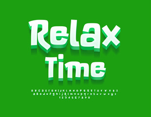 Vector ecologic card Relax Time. Funny White Font. Funny Comic style Alphabet Letters and Numbers set.