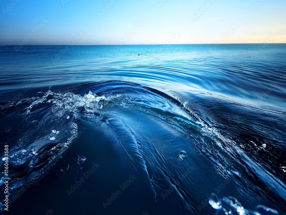 Poster serene ocean scene at sunrise. deep blue water with subtle waves and ripples create a captivating vi