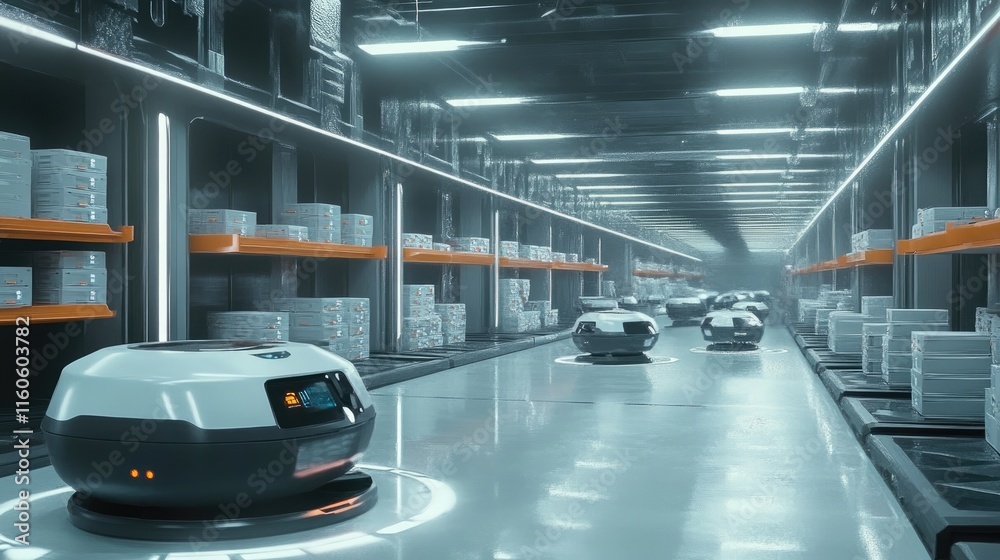 Poster Futuristic warehouse with autonomous robots carefully sorting packages, optimizing storage and delivery processes.