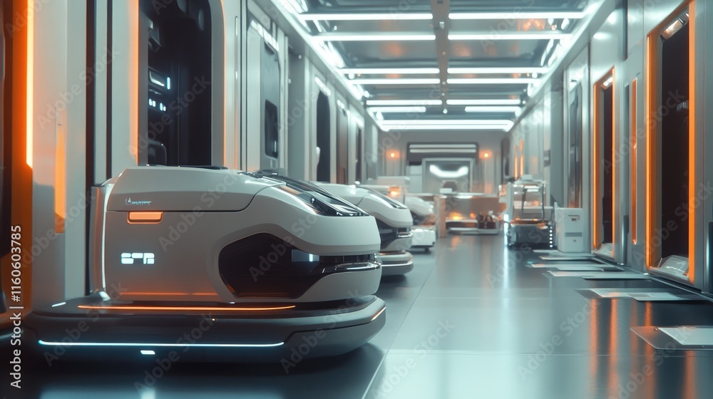 Aufkleber Futuristic warehouse with autonomous robots carefully sorting packages, optimizing storage and delivery processes.