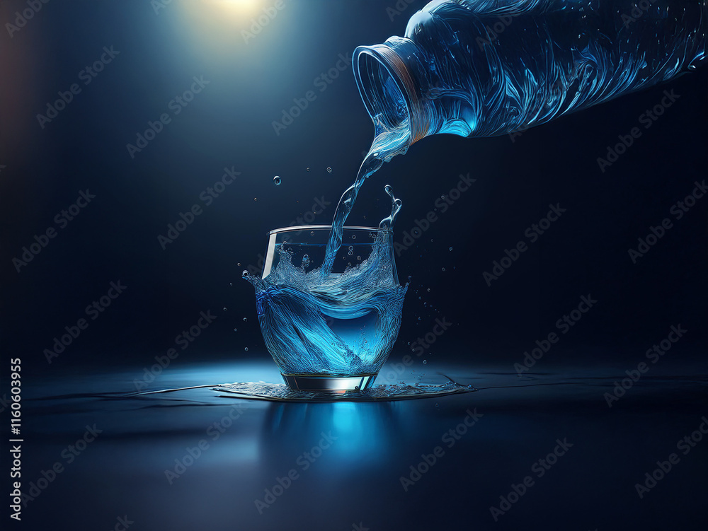Poster blue liquid pours from a bottle into a glass, creating a splash. the scene is dramatically lit, show