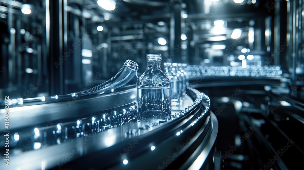 Poster glass bottles moving along an automated conveyor line in a pharmaceutical facility, showcasing cutti
