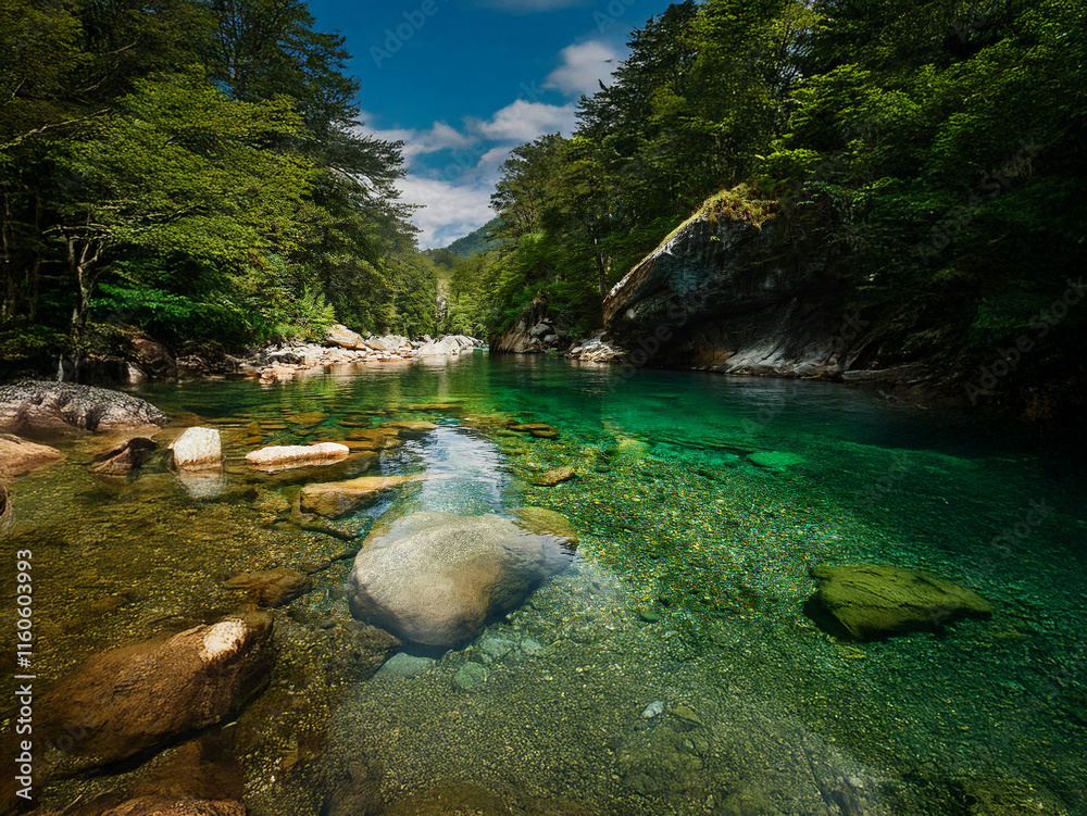 Poster A pristine river flows through a lush green forest, its crystal-clear water revealing smooth rocks on the riverbed. Sunlight filters through the canopy, illuminating the vibrant emerald depths.