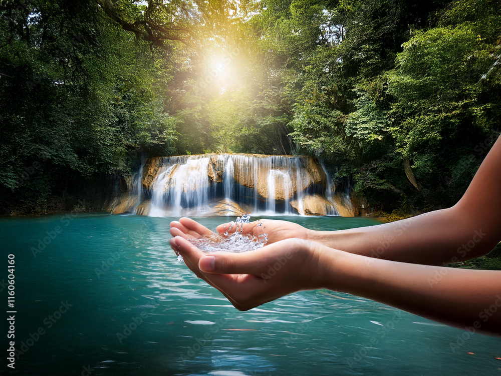Poster sunlight streams through lush green forest, illuminating a cascading waterfall and tranquil turquois